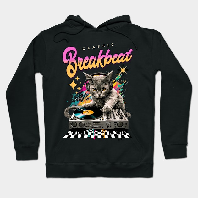 BREAKBEAT  - Cat Dj checker floor Hoodie by DISCOTHREADZ 